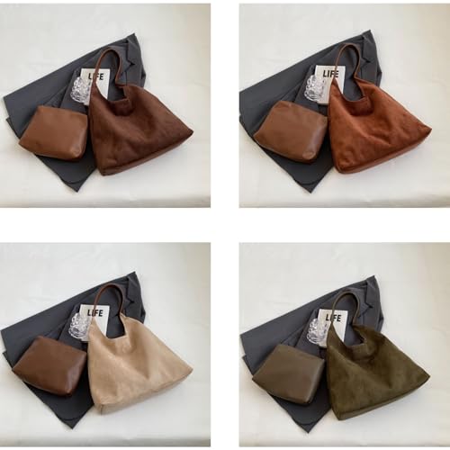 Explcior Sac En Daim Marron Chocolat, Sac à Bandoulière Souple En Daim Pour Femme, Sac Fourre-Tout En Cuir Souple(2pcs~B) – vue 5
