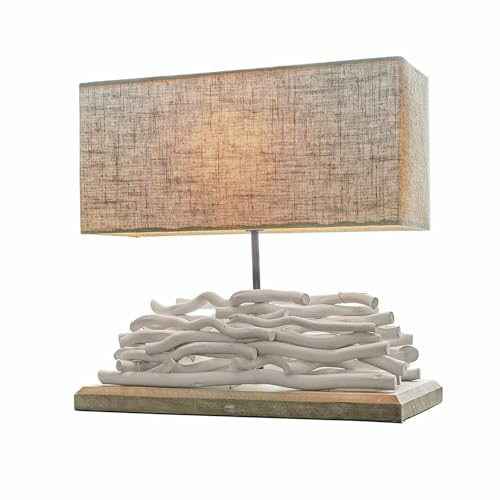 LOBERON Tischlampe Caribou, Fuß aus handbearbeiteten Treibhölzern, jedes Stück ein Unikat, maritim anmutende Leuchte, Tischleuchte, Baumwolle, Leinen, Paulowniaholz, Maulbeerbaum, leinen/weiß