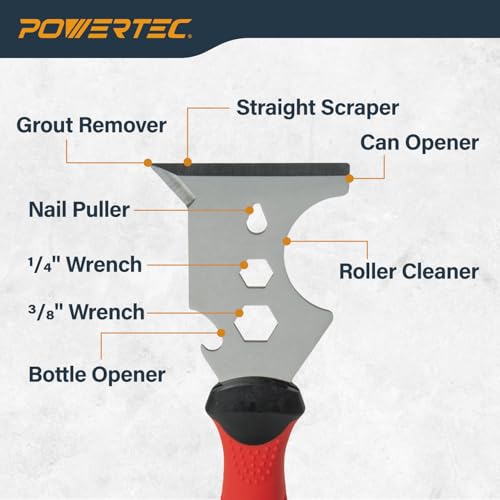 Image of POWERTEC 72483 Drywall Hand Tool Kit - 4 inch & 6 inch Stainless Steel Joint Knives, 12 inch Taping Knife, 9-in 1 Painter Scraper and 14 inch Mud Pan