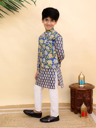 Image of The Mom Store Boys Printed Cotton Kurta Pajama Set With Jacket | Soft And Comfortable Ethnic Wear For Baby /Kids Boys | Full Sleeves Kurta Pyjama Set | Traditional Indian Outfit