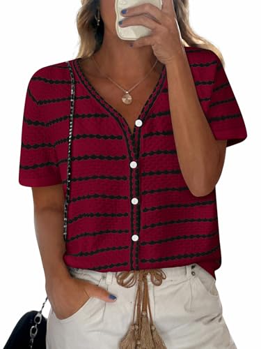 Image of NALANISA Women's Short Sleeve Sweater Spring Summer Crochet Knit Tops 2026 V Neck Striped Button Down Dressy Casual Blouses