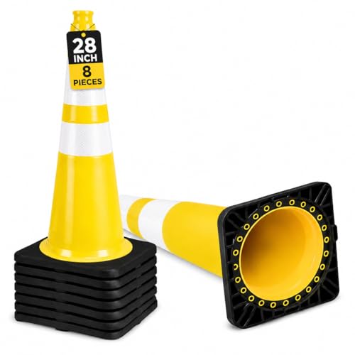 Image of BESEA 8PACK 28 inch inch Traffic Safety Cones Yellow Road Parking Cones Heavy Duty Construction Cone Structurally Stable for Traffic Control at Public Place