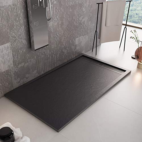 Luminosa ArredoBagno Duschwanne aus Marmorharz, 80 x 150 cm, Steinoptik, rutschfest, mit Gelcoat, Modell Berlin, Farbe Schwarz, Gitter und Ablaufgarnitur inklusive