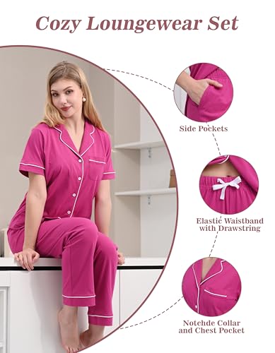 Image of NAP BOUND 100% Cotton Women Pajama Sets Button Down Short Sleeve Sleepwear Soft Pjs 2 Piece Lounge Set with Pocket XS-XXL