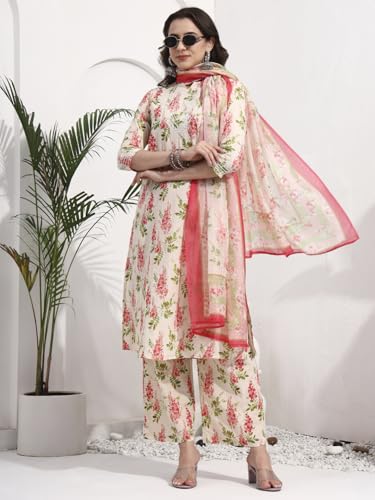 Image of idaLia Women's Multicolor Floral Printed Cotton Kurta Pant Set with Dupatta | Straight Fit | V-Neck | 3 /4 Sleeves Ethnic Suit