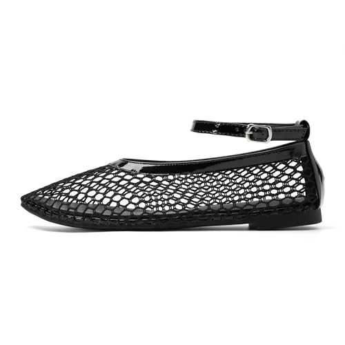 Women's Mesh Ballet Flats Shoes for Women Fishnet Ballet Flats Mary Jane Flats Round Toe Comfortable Dressy Netted Ballet Flats with Buckle Strap Black