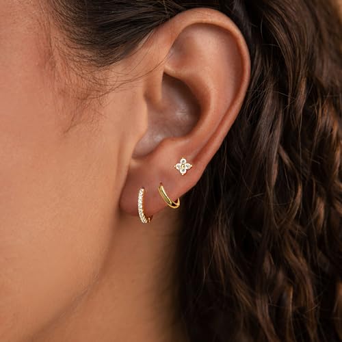 Gold Earrings for Women Trendy, Dainty Small Hoop Earrings Set Multiple Piercing Cute CZ Flower Huggie Stud Earring 14K Gold Lightweight Hypoallergenic Cartilage Earrings Gold Jewelry for Women Gifts4