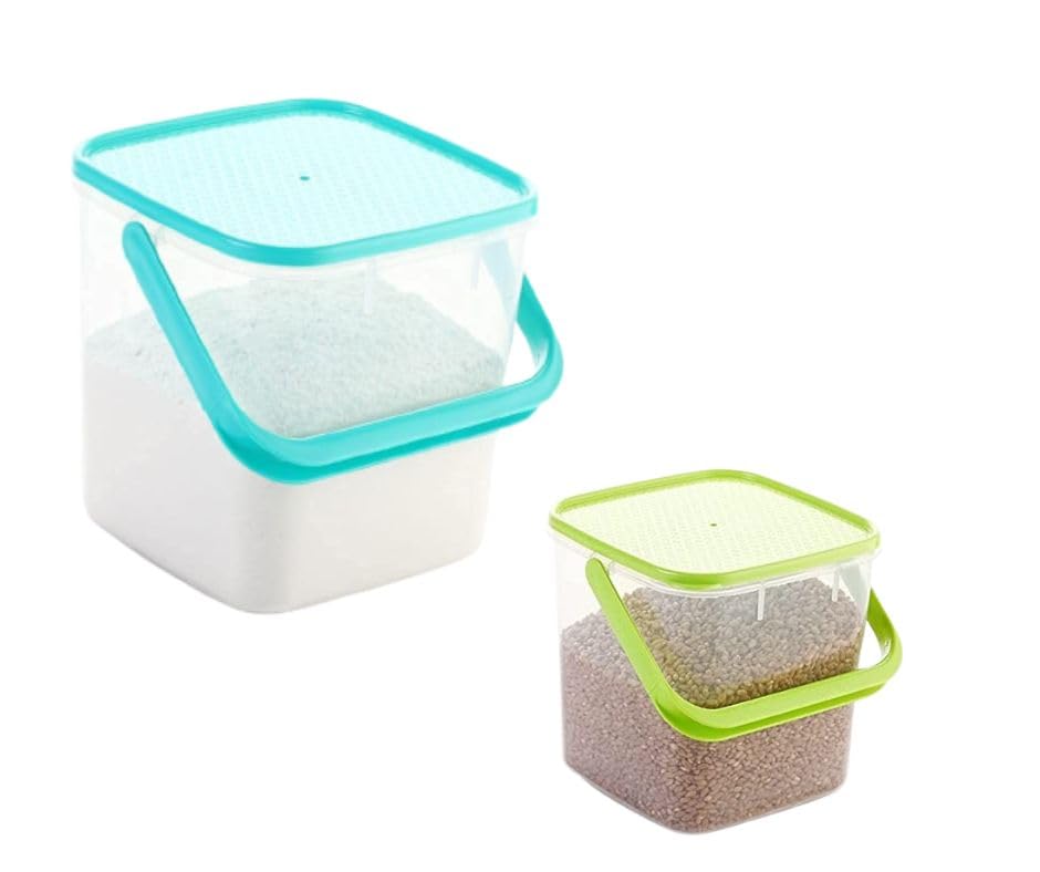 Makekartz.com 5 kg (Pack of 3) AND 3 kg (Pack of 3) Plastic Storage Container square kitchen Storage for Rice, Flour, Food Grain air Tight Container with Handle (Multicolor)