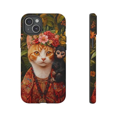 Coque iPhone 15 Plus chat roux protection rigide mate motif floral