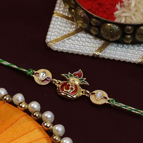 Image of Oblivion Stone Set Peacock and Kalash Rakhi Set of 2 for Brother with Silver Colour Pooja Coin, Tilak Set and Greeting Card for Raksha Bandhan
