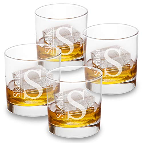 Personalized Bourbon Whiskey Glass with Engraved Monogram Modern Set of 4 Etched Old Fashioned Glasses - Custom Drinking Gift for Him Fathers Day Gift for Dad Husband Boyfriend Grandpa