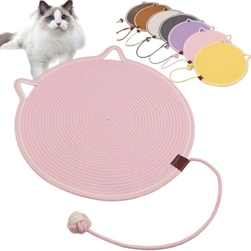 猫用 爪研ぎマット 丸型 猫用爪とぎパッド つめとぎ 天然サイザル麻 おもちゃ ペット用品 ボールおもちゃ付 耐摩耗 家具保護 子猫 一人遊び 運動不足 床 壁 ソファ カーペット (35cm,ピンク)