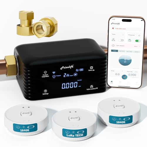 Image of Frizzlife LPG365 Smart Water Auto Shutoff Valve W / 3 Leak Sensors, 100% Dual Detection- 0.01GPM Ultrasonic Micro Leak Detector & Sensor-Triggered Shutoff, App Control,Flow & Temp Monitor,Fits 1.25 inch&1 inch