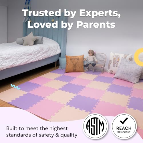 Image of MioTetto Soft Non-Toxic Foam Baby Play Mat | Colourful Puzzle Play Mat | Floor Mats with 36 Squares for Kids and Babies | EVA Foam Interlocking Tiles, Pink Purple Beige, 36