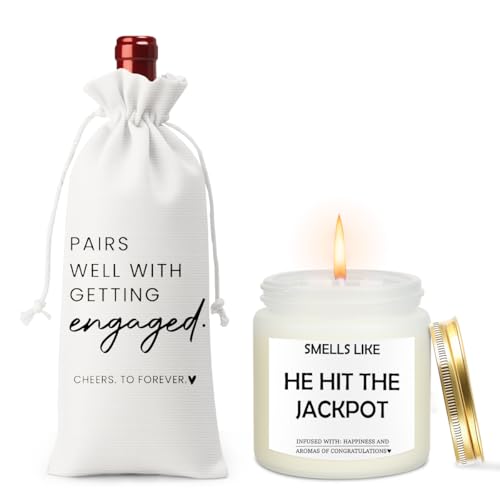 Image of Engaged Gifts Engagement Gifts for Couples Her Engagement Party Decorations | Bridal Shower Decorations Wine Gift Bag Scented Candles Set Cheers To Forever Wine Bag Smell Like He Hit The Jackpot