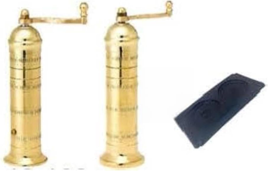 The European Authentic Greek 2-Piece Gold Brass Pepper Mill of 8-inch #103 & Salt 9-inch #109- Absolutely Genuine & Elegant Luxurious Spice Grinder Shaker Mill set + the Genuine Mill Stand