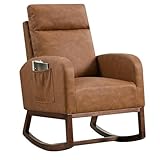 Stillsessel für Kinderzimmer, Schaukelstuhl aus PU-Leder, mit hoher Rückenlehne, 66 cm, moderner Schaukelsessel für Wohnzimmer, Schlafzimmer, Lesen, Braun
