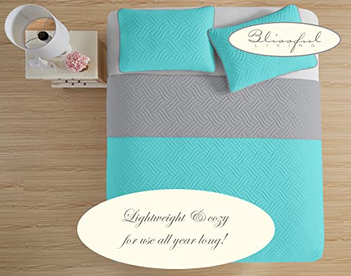 Blissful Living Reversible Luxury Pinsonic Solid Quilt Set Including Shams – Lightweight And Soft For All Year Round Comfort, Available In Twin, Full / Queen And King Size (Aqua/Grey, Twin) #TOP4