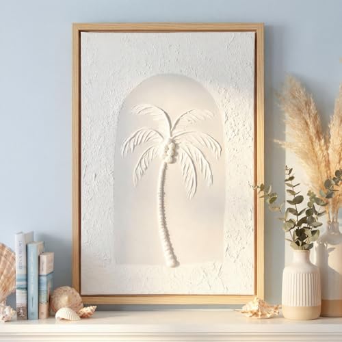 FunooFuno 3D Textured Wall Art Palm Tree Tropical Handmade Boho Canvas Wall Decor 12 x 16 Inch Natural Plant Painting for Bathroom Home Living Room Bedroom with Gloves Installation Tools(Coconut Tree)