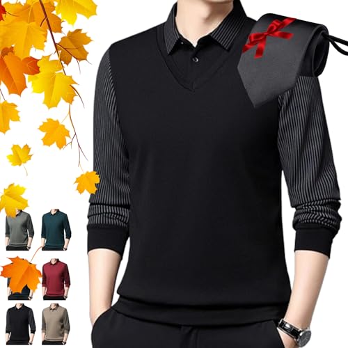 Men's Faux Two Piece Lapel Long-Sleeve Tops, Men's Striped Lapel Fake Two-Piece Shirt Long Sleeve