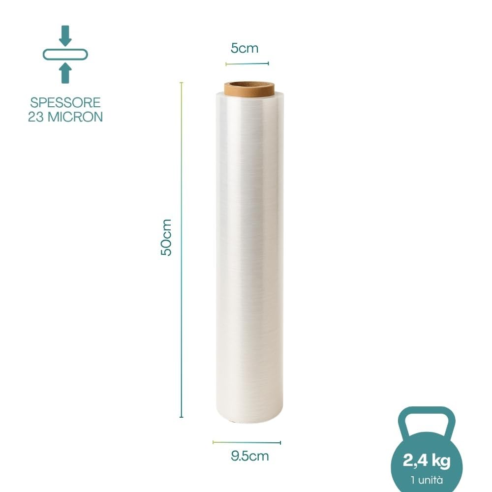 VIRSUS 6 Rotoli Pellicola Film Estensibile manuale Trasparente per imballare, spessore 23my, 2,4 kg, altezza 500 mm - M