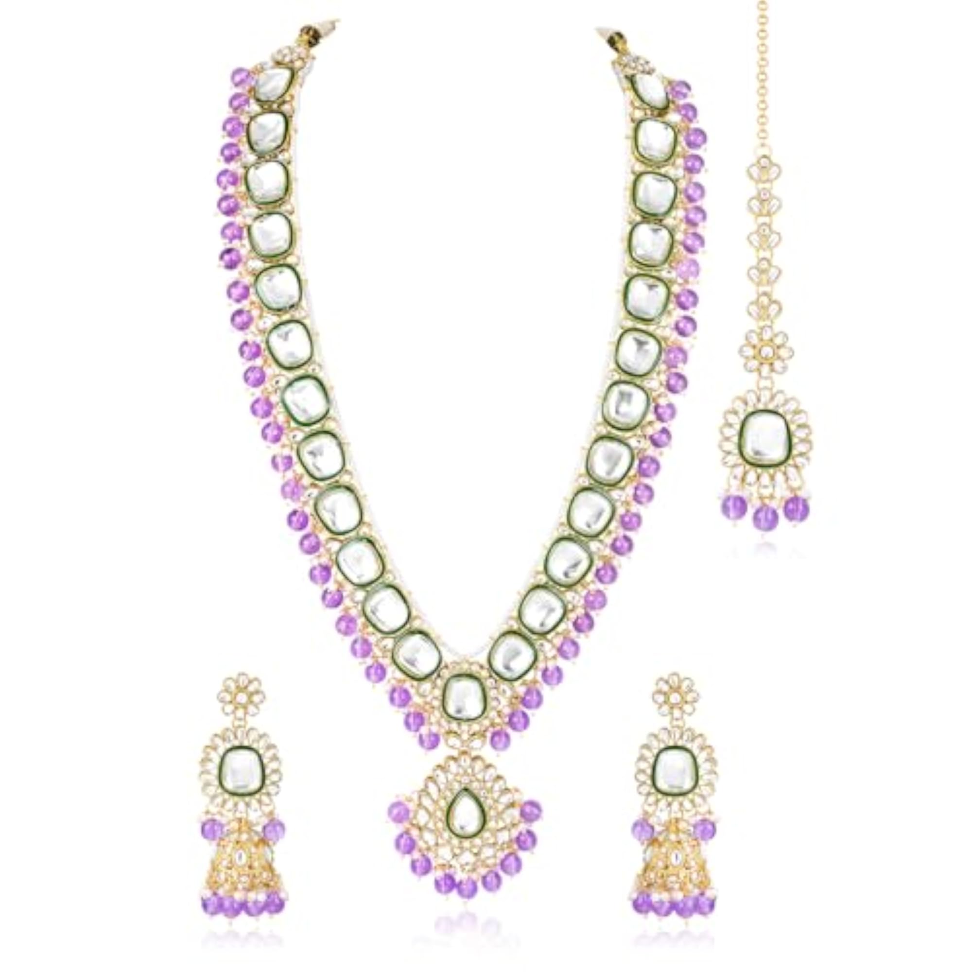 Gold Plated Crystal Kundan & Beads Long Necklace Set