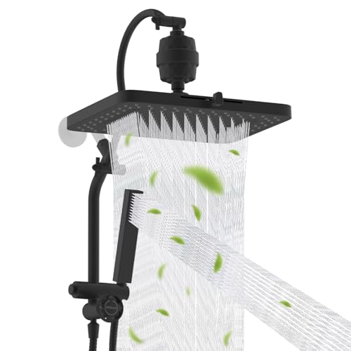 Hibbent 5-spray Filtered Rainfall Shower Head Combo, High Pressure 13'' Showerhead with Stainless Steel 4 Spray Modes Handheld, All Metal 4-way Diverter Arm, Pause Mode, 71'' Hose& Holder, M