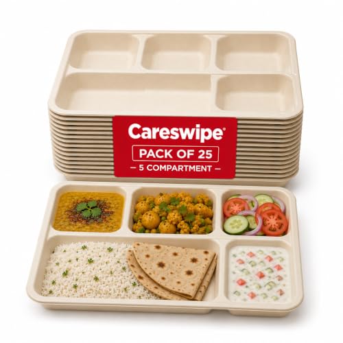 Image of Disposable Paper Plates 5 Compartment Meal Tray Pack of 25 | Eco Friendly Disposable Food Tray | Home Use, Party, Picnic, Restaurant & Catering Use | Leak Proof & Heavy Duty