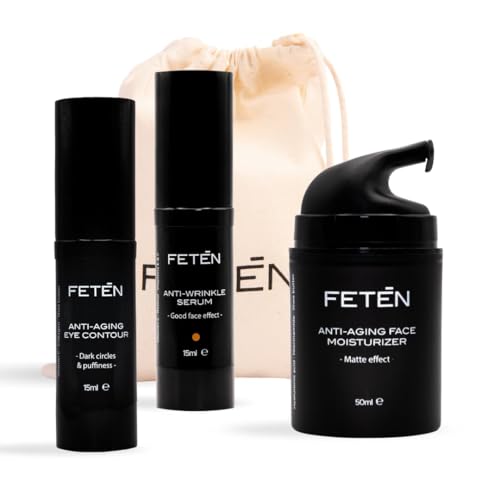 FETEN Skincare Cofanetto Regalo Uomo - Set Antietà Idratante con Crema Viso Antirughe, Contorno Occhi Antiocchiaie e Siero Vitamina C - Kit Cosmetica e Cura della Pelle Uomo