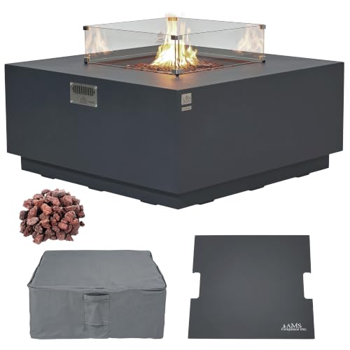 Image of AMS 48 inch Square Concrete GFRC Propane Gas Fire Pit Table Bundle (Dark Gray)