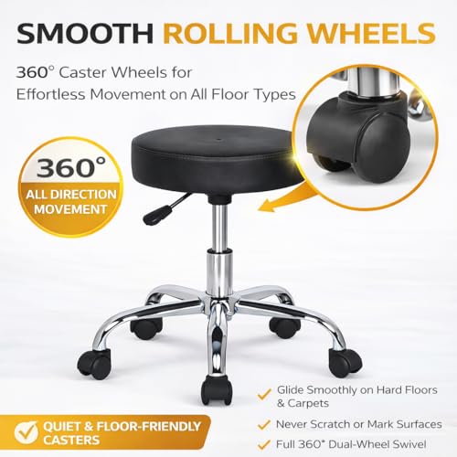 Image of NGFC Leather Doctor Stools with Adjustable Height & Wheels - Comfortable Medical, Salon, Warehouse, Garage, and Home - Versatile Black Sitting Stool for Professional Use - Pack of 1