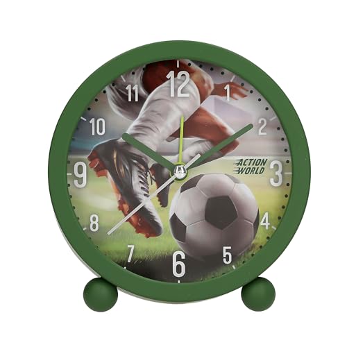 Depesche 13929 Action World - Réveil vert foncé pour enfants, avec motif de football, horloge silencieuse avec fonction d'éclairage