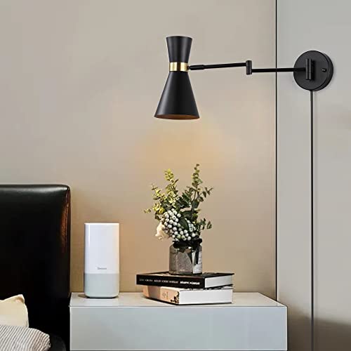 Image of SUNLLOK Modern Black Swing Arm Wall Sconce with Plug in Cord - Rustic Adjustable Ceiling Hanging Wall Light Fixture - Industrial Indoor Metal Reading Wall Lamp Decoration for Living Room, Kids Bedroom