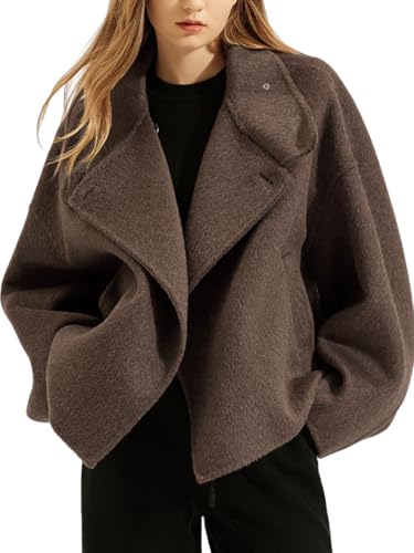 utcoco Women Cropped Thicken Wool Coats Oversized Short Jackets Notched Lapel Pea Coat Trench Overcoats with Pockets