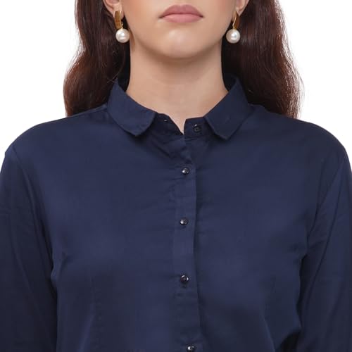 Image of Women's Cotton Solid Long Sleeve Shirt - Formal & Casual Button-Down Long Sleeve Collared Top for Office, Workwear 100% Soft Breathable Cotton Fabric