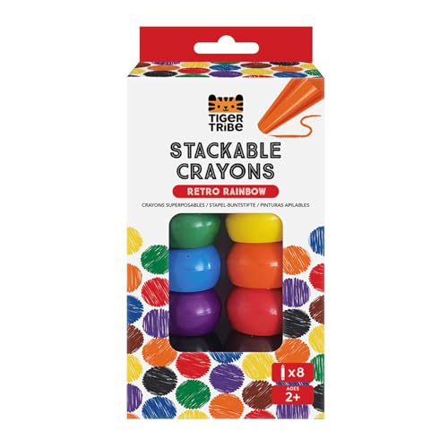 Tiger Tribe: Ergonomic Stackable Crayons for Kids & Toddlers - 8 Non-Toxic, Washable Retro Rainbow Colors, Enhancing Fine Motor Skills & Creativity for Ages 2+