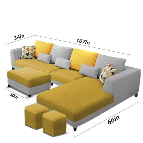 Image of Casaliving Minta 8 Seater L Shape Sofa Set with Ottoman & 2 Puffy for Living Room (8 Seater - RHS, Yellow greyy)