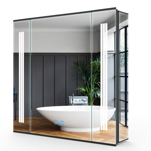 Bathroom Mirror Cabinets with Lights, 65x60cm Illuminated Mirrored Cabinet with Built-in LED, Dimmer Switch, Anti-Fog, Dual-plug Shaver Socket, Black Mirrors Wall Mounted for Space Saving