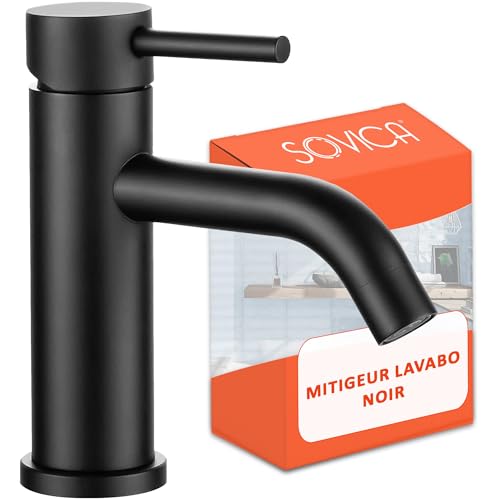 Robinet lavabo noir mat acier inoxydable mitigeur eau froide et chaude avec 2 tuyaux inclus salle de bain