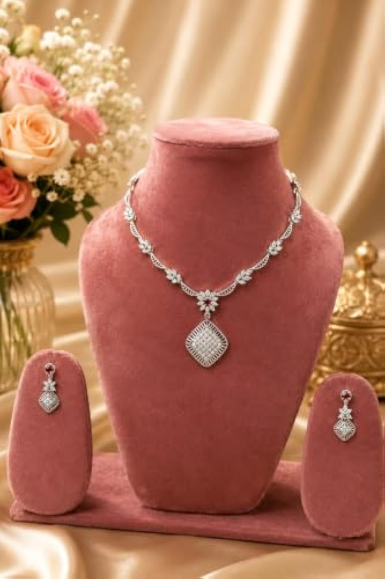 Silver-Tone CZ Necklace and Drop Earrings Set with Ruby Accents
