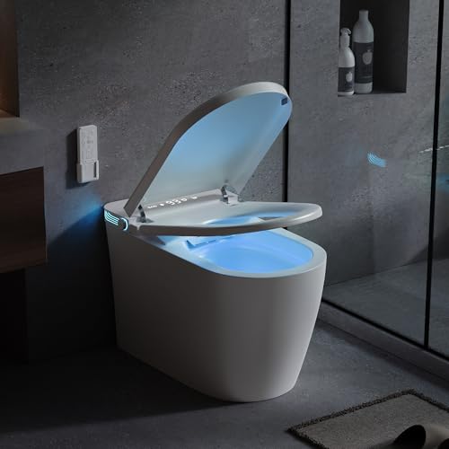 Inodoro inteligente con bidé integrado, asiento calefactado y luz nocturna, lavado y secado con agua tibia, doble descarga automática, inodoros modernos sin tanque para baños, inodoros de una pieza con sensor de pie miniatura 1