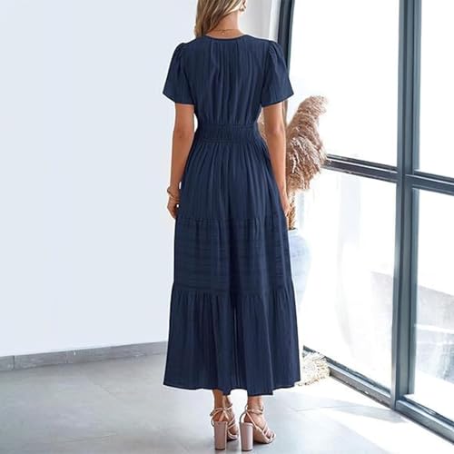 Women's Elegant Tiered Maxi Dress, Short Sleeve V-Neck, Empire Waist, Cotton, Casual Summer Dress ﻿4