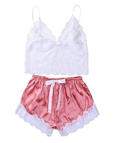 Womens Sexy Lace Lingerie 2 Piece Cami Top Bra and Shorts Nightwear Babydoll Sleepwear Set (M, Rose)