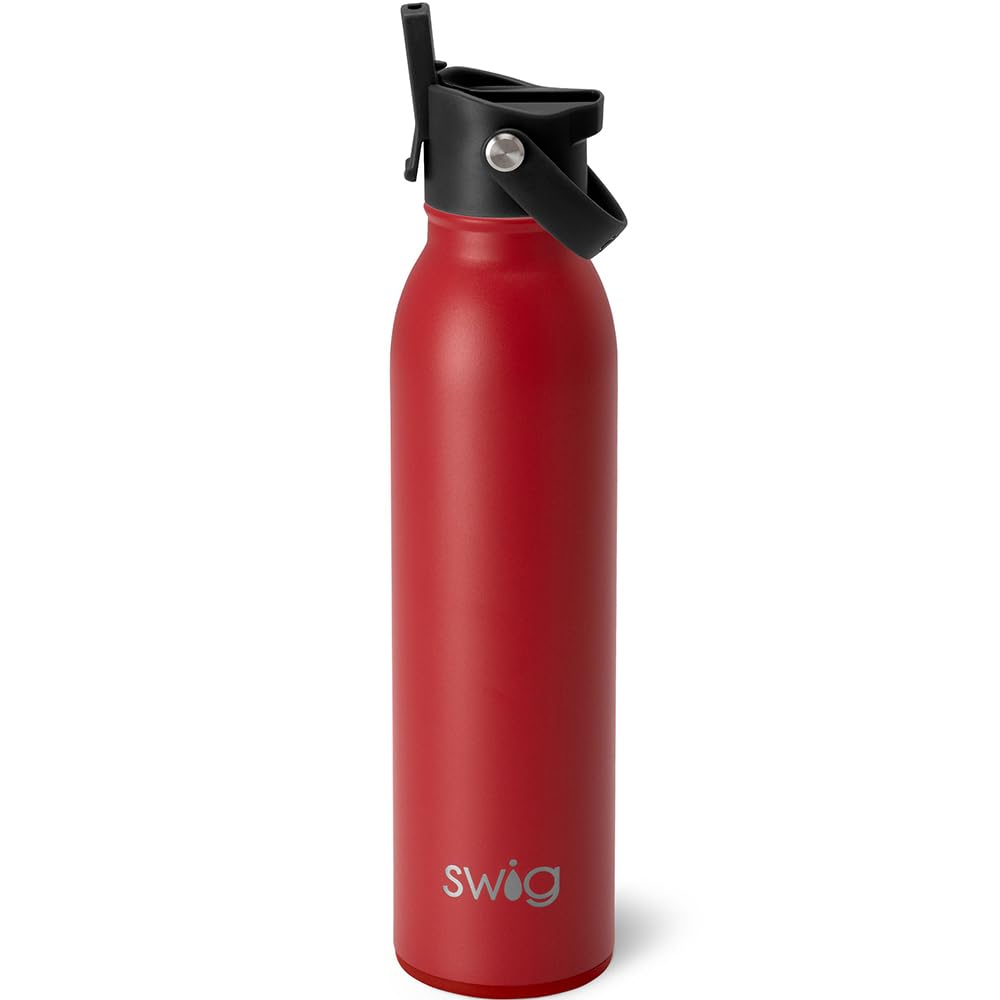 Swig Life 20oz Insulated Water Bottle, Travel Water Bottle with Straw and Lid, Cup Holder Friendly, Stainless Steel (Matte Crimson)