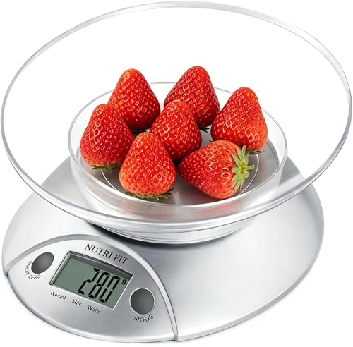 NUTRI FIT Balance de cuisine numérique avec bol - Balance alimentaire électronique avec bol de 0,6 l - Mesure des liquides en ml et en oz - Fonction tare -...