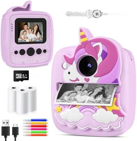Appareil Photo Numérique Licorne Pour Enfants - Écran 2 Pouces, Double Caméra 20 MP, Vidéo 1080P, Avec Carte 32 Go - Idéal 3-12 Ans
