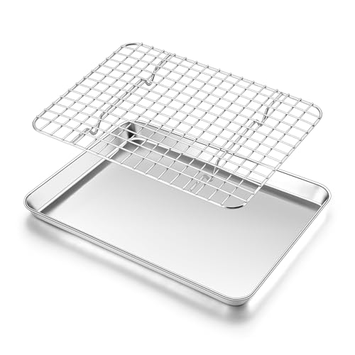 Homikit Cookie Sheet with Rack, 10 x 8 Inch Stainless Steel Small Baking Sheet with Wire Rack Set for Baking Roasting Cooling, Small Toaster Oven Pan Bacon Tray, Non-Toxic & Dishwasher Safe