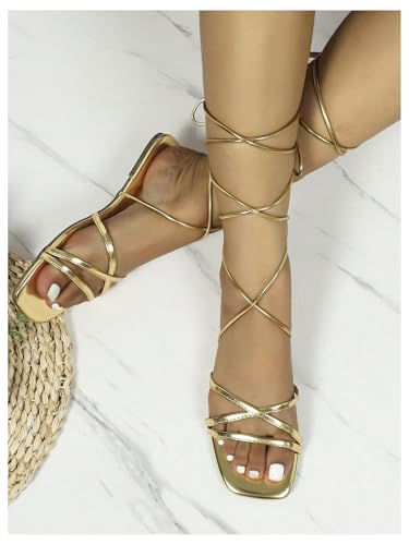 OYOANGLE Women's Lace Up Strappy Flat Sandals Metallic Summer Square Open Toe Sandal Tie Up Shoes2