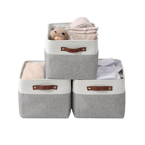 DECOMOMO Storage Bins Fabric Storage Baskets for Shelves, Linen Closet Organization Toys Nursery (Grey and White, Large – 3 Pack)