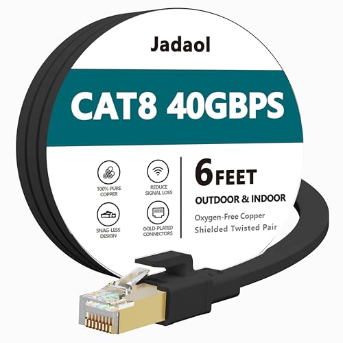 Jadaol Cat 8 Ethernet Cable 6 ft, 40Gbps 2000MHz Flat RJ45 S/FTP LAN Patch Cable, High-Speed Cat8 Network Cable for Router, Modem, Switch, Gaming Consoles, PC, Home Network & Streaming Devices, Black